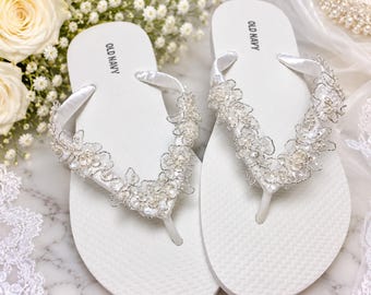 Bridal Flip Flops, White Satin Ribbon Wedding Footwear, Beach Ceremony Comfort, Honeymoon Travel Gift