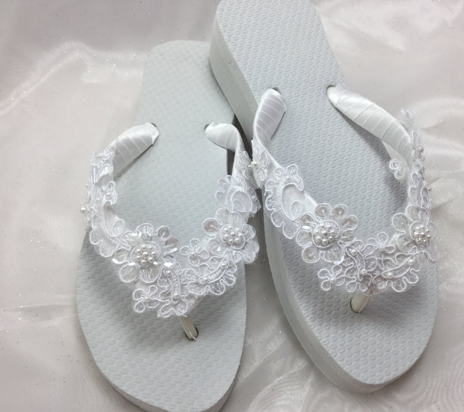 White Bridal Lace Wedge Flip Flop Bridal Sandals Beach - Etsy