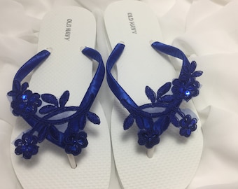 Royal Blue Lace Flower Flip Flops, Beach Wedding Sandals