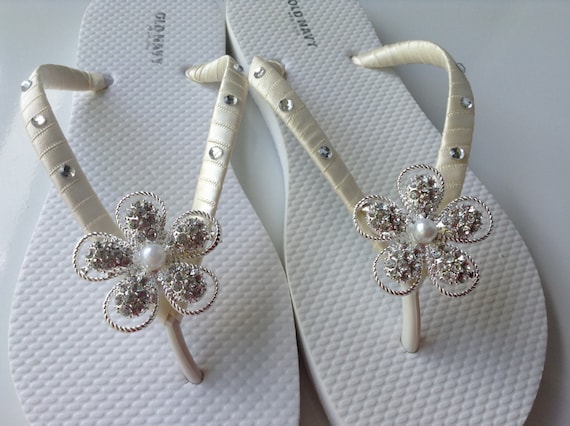 Ivory Bridal Flip Flop Rhinestone Bridal Sandals Ivory Flip Etsy