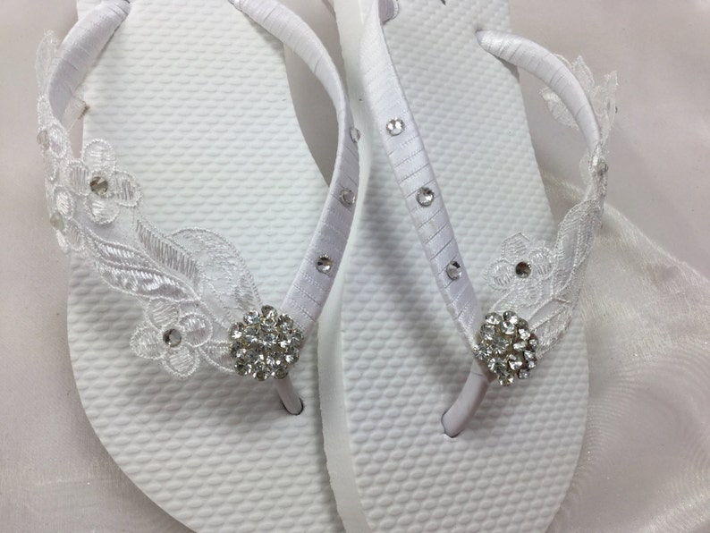 White Bridal Lace Flip Flop Bridal Sandals Rhinestones Flip | Etsy