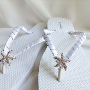 White and Silver Starfish Bridal Flip Flops, Rhinestones Flip Flops, Bridesmaid Flip Flops, Wedding Flip Flops, Turquoise Bridal Flip Flops