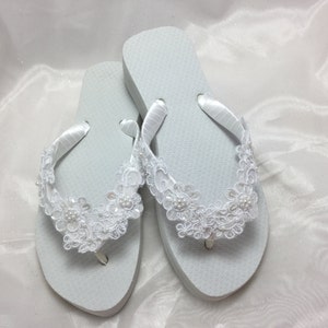 White Bridal Lace Wedge Flip Flop Bridal Sandals Beach - Etsy