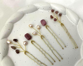 Horquillas de rodolita rosa, horquillas de perlas de agua dulce para novias, accesorios para el cabello de boda con piedras preciosas, horquillas románticas para novias, horquillas de oro