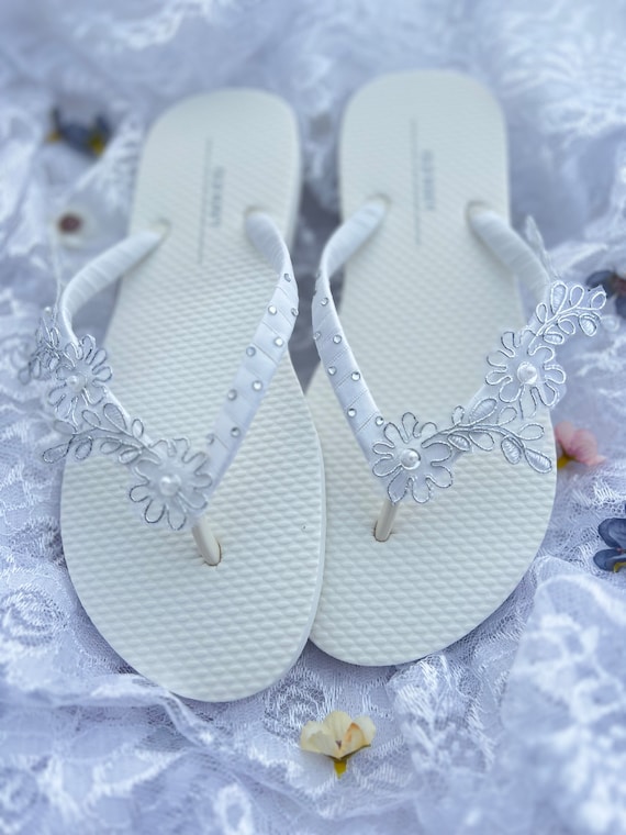 Chanclas de encaje blanco, sandalias de novia, sandalias de boda