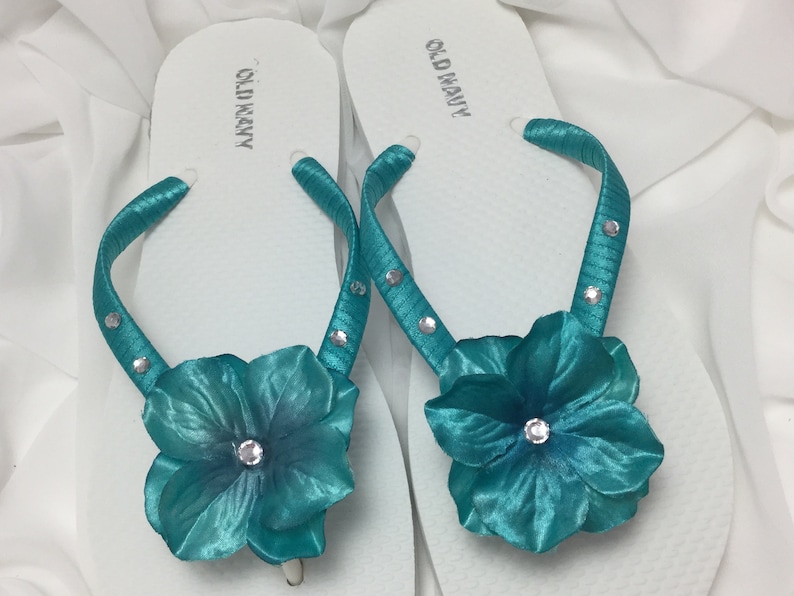 Teal Blue Bridal Rhinestone Flower Flip Flops Rhinestone Etsy