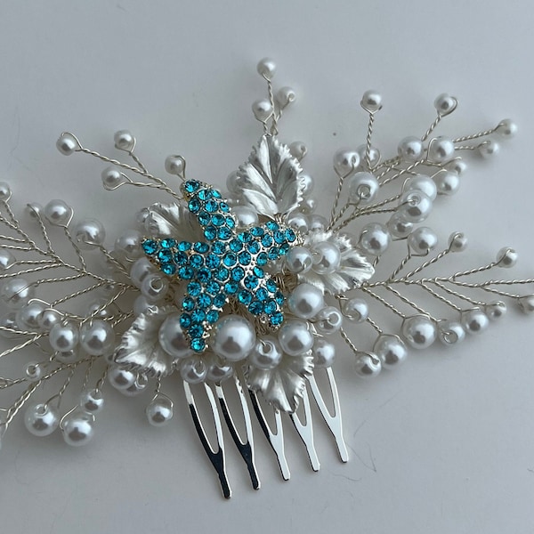 Starfish Wedding Hair Comb, Turquoise Rhinestones Starfish Bridal Hair Comb, Wedding Pearls and Starfish Comb, Something Blue, Starfish Comb