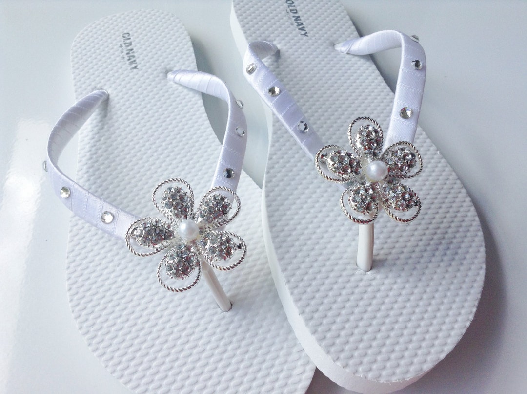 Buy Bridal Flip Flop, Rhinestone Bridal Sandals, White Flip Flops, Wedding  Flip Flops, Beach Wedding Sandals, Flower With Rhinestones Online in India 