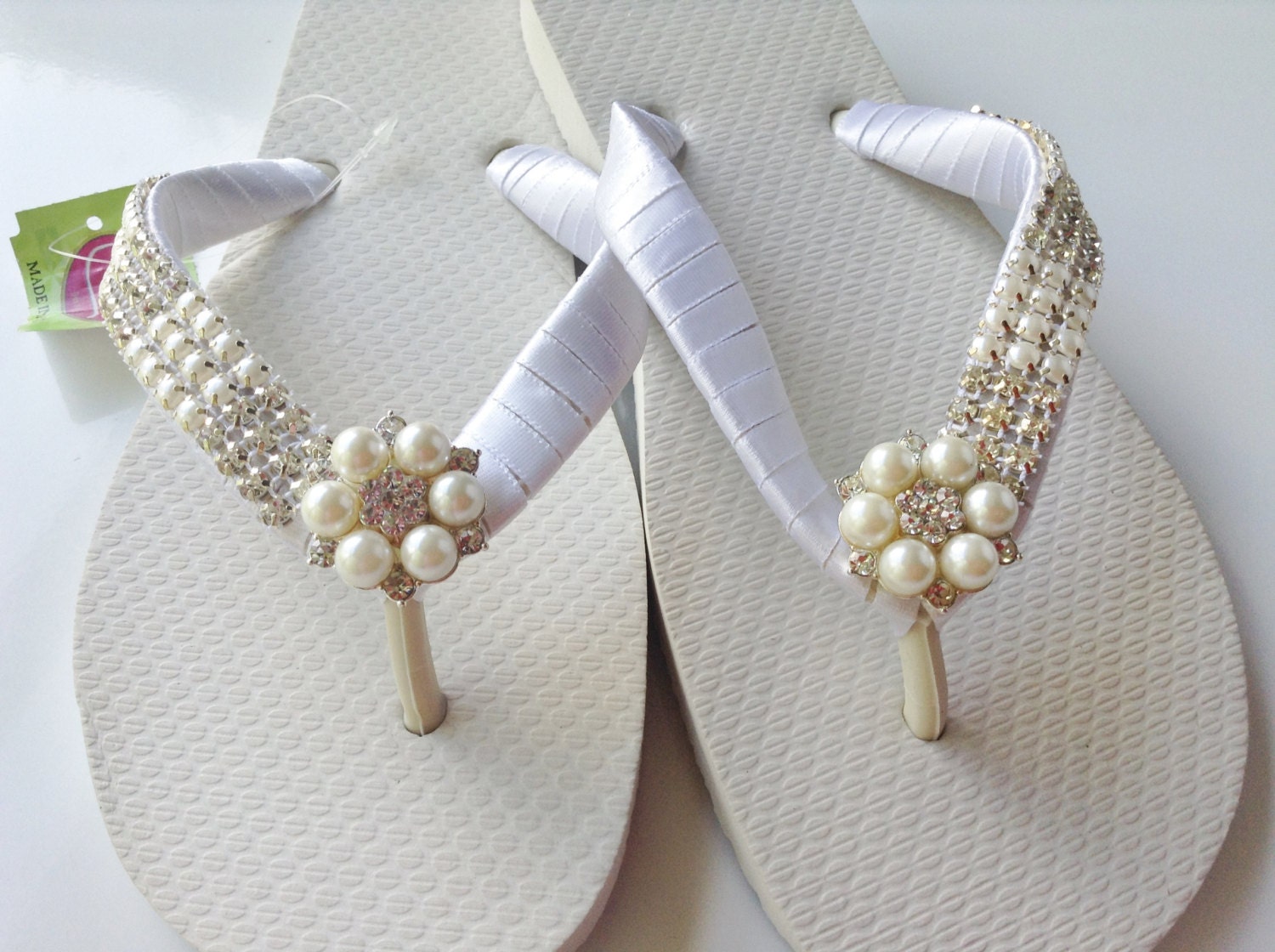 Bridal White Flip Flop Bridal Pearls Sandals Beach Wedding - Etsy