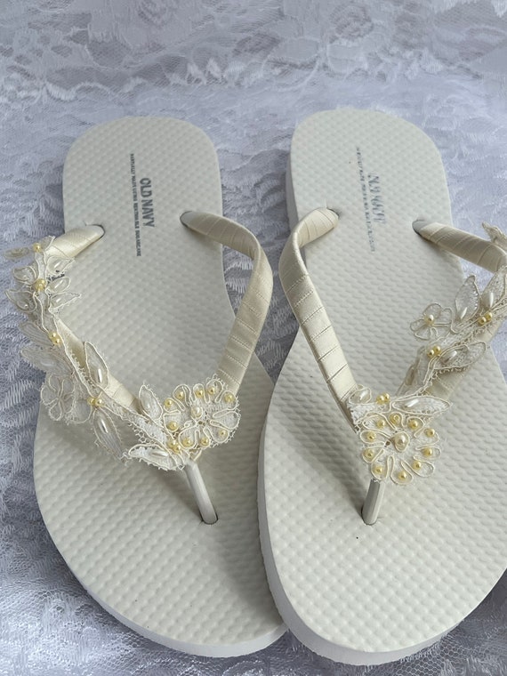 Chanclas de novia marfil, sandalias de novia de encaje con cuentas