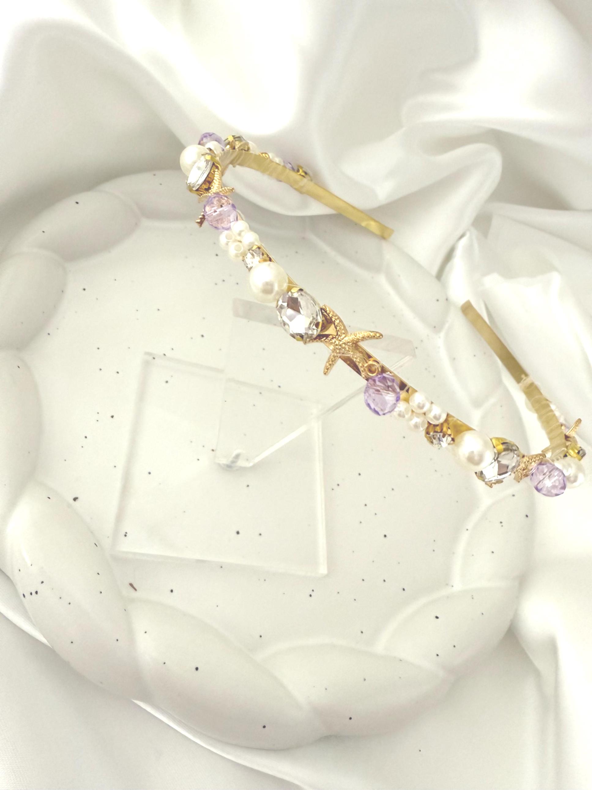 Bridal Headband, Gold Starfish, Pearl, Lavender Hair 