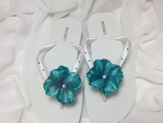 Teal Blue Bridal Rhinestone Flower Flip Flops, Rhinestone Bridal Sandals, White  Flip Flops, Wedding Flip Flops, Beach Wedding Sandals 