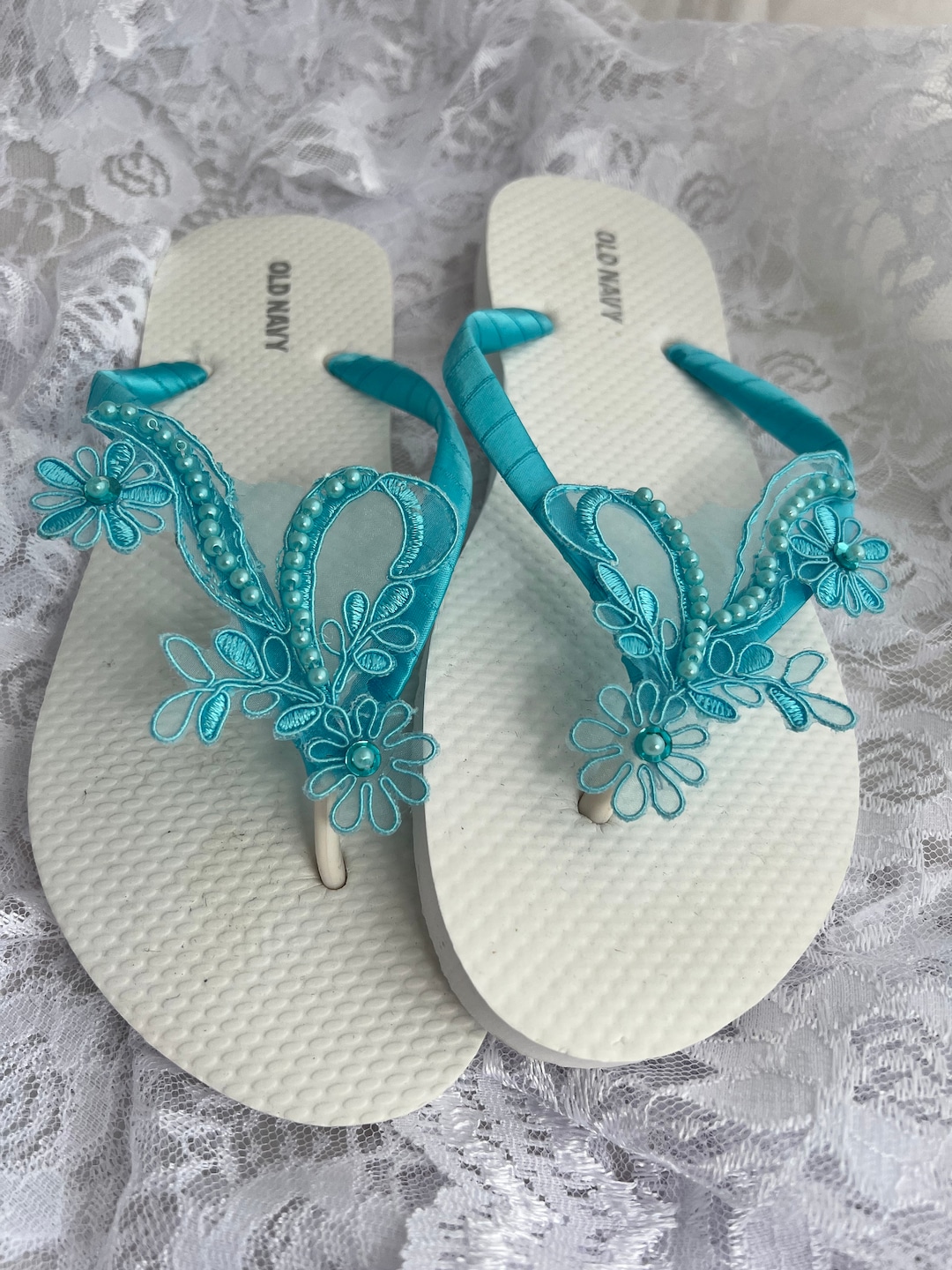 Turquoise Lace Flip Flop, Bridal Sandals, Lace Pearl Wedding Sandals