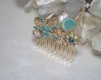 Under the Sea Gold Hair Comb, Beach Wedding Turquoise Starfish, Sea Shell Hair Piece Bridal Hair Comb Beach Hair Accessories,