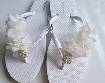 Bridal Flip Flops with White Chiffon Leaves Trim and Pearls, Wedding Shoes for Bridesmaids, Beach Ceremony Footwear, Shower Favor