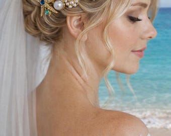 Gold Beach Wedding Hair Comb, Turquoise Starfish Seashell Hairpiece Beach Bridal Hair Comb, Starfish Hair Accessory, Ocean Bridal Comb,
