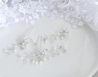 Starfish Bridal Hair Pins, Pearl and Crystal Wedding Hair Accessories, Beach Wedding Hair Pins, Coastal Bride Hair Piece,  Set of 3