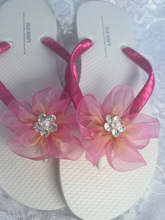 Old Navy Pink Ribbon Flip Flops Fuchsia Organza Flower Bridal Flip - Main Image