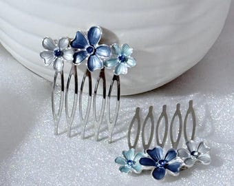 Blue Enamel Flower Hair Comb Set: Bridal Wedding Hair Accessory, Forget me not Flower Hair comb