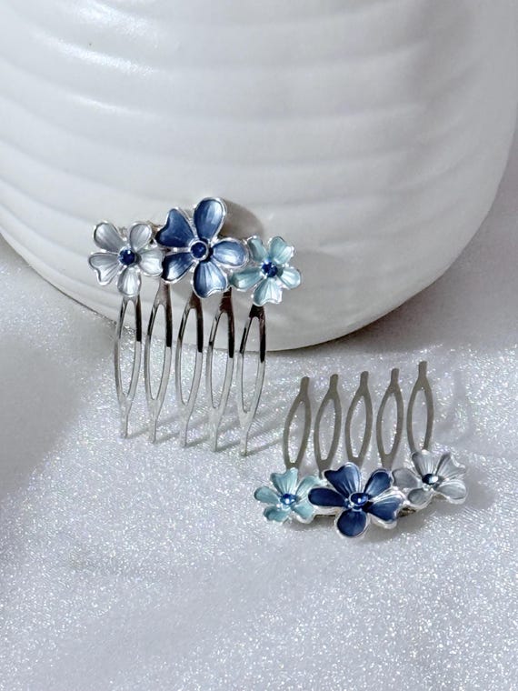 Michael-Michaud Bridal Gold Floral Hair Comb with Pale Blue Enamel Blossoms Forget Me Not Hair Comb – Michael Michaud US main image 4