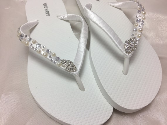 white bridal flip flops