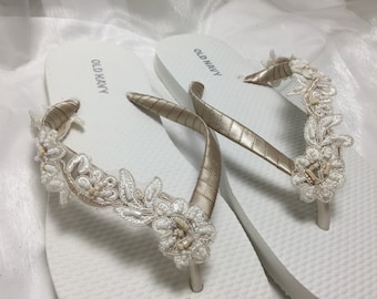 Bridal Flower Applique Flip Flops, Beach Wedding Sandals