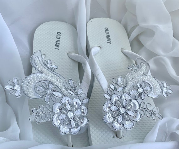 White and Silver Bridal Flip Flop, Beaded Lace Bridal Sandals