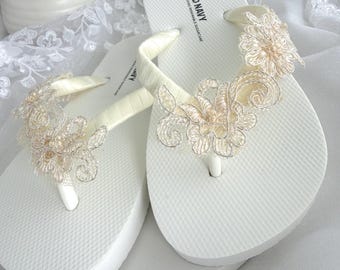 Flower Girl Sandals Ivory, Toddler Wedding Flip Flops, Lace Child Bridal Shoes, Beach Wedding Sandals, Junior Bridesmaid