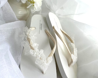 Ivory Beaded Lace Bridal Flip Flops, Ivory Bridal Flip Flops with Lace Appliqué, Wedding Sandals, Bride Getting Ready Shoes, Bride Flats