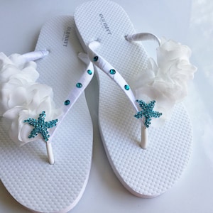 Infradito da sposa, Sandali da sposa stella marina blu verde acqua, Infradito con taglio in foglie di chiffon, Infradito da sposa, Sandali da sposa da spiaggia,