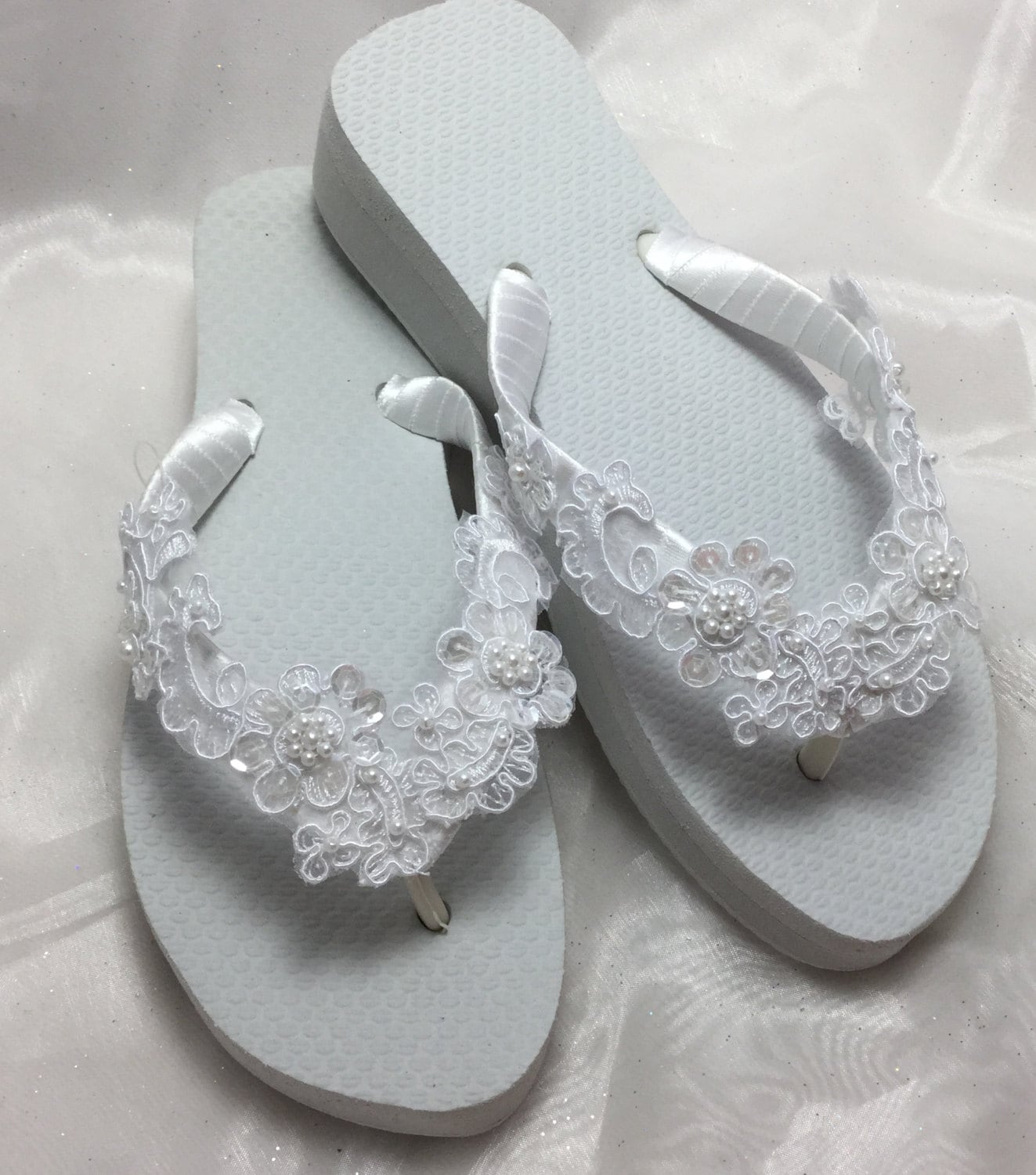 White Bridal Lace Wedge Flip Flop, Bridal Sandals, Beach Wedding ...