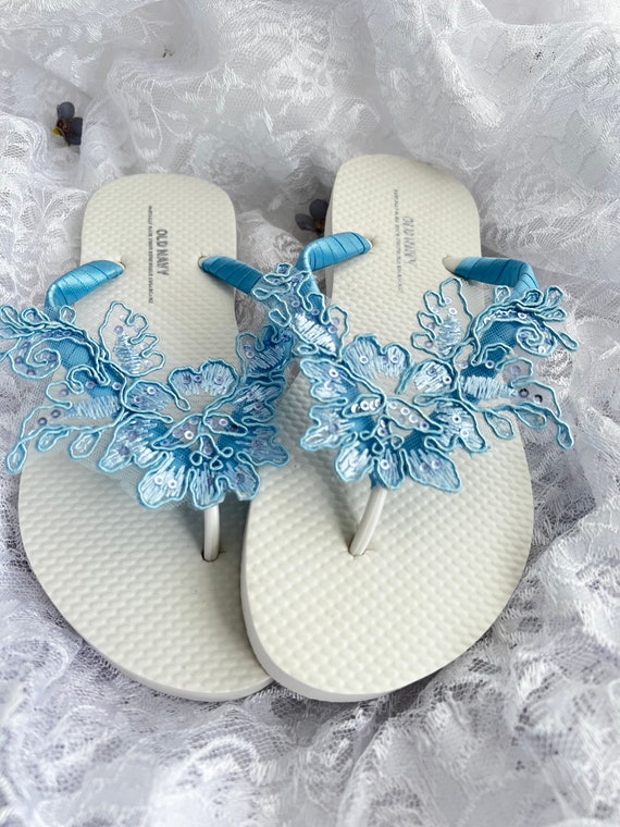 Blue Mist Bride Lace With Sequins Flip Flops, Bridesmaid Flip