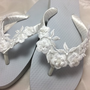 Bridal White Wedge Flip Flops, Wedding flip flops,White 3 D Flower Trim, Bridal White Flowers Flip Flop, Beach Wedding Sandals