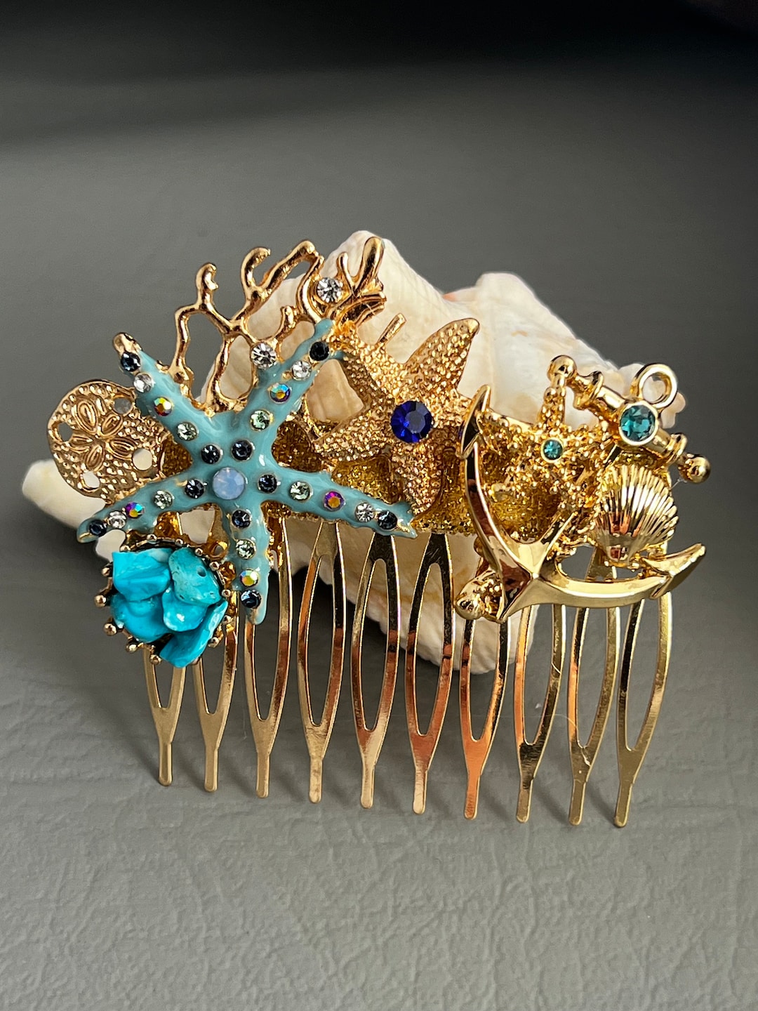 Seashell Comb Under the Sea Gold Hair Comb, Beach Wedding Turquoise Starfish, Sea ...