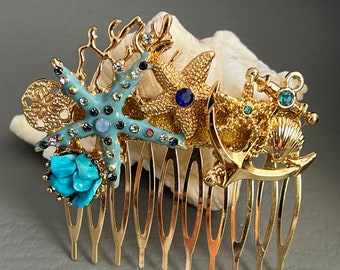 Under the Sea Gold Hair Comb, Beach Wedding Turquoise Starfish, Sea Shell Hair Piece Bridal Hair Comb Beach Hair Accessories, Beach Theme
