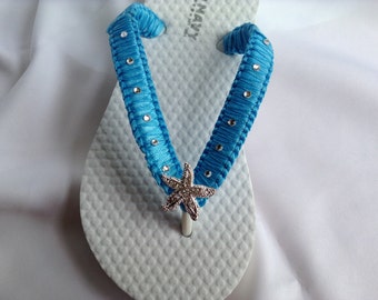 Flower Girl Starfish Flip Flops Girls Rhinestones Flip Flops, Kids Beach Wedding Flip Flops, Wedding Flip Flops, Turquoise Bridal Flip Flops