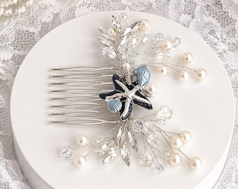 wedding hair comb Starfish Bridal Piece, Turquoise Rhinestone, Silver Pearls, Beach Wedding, Nautical Sea Star Hair Accessory