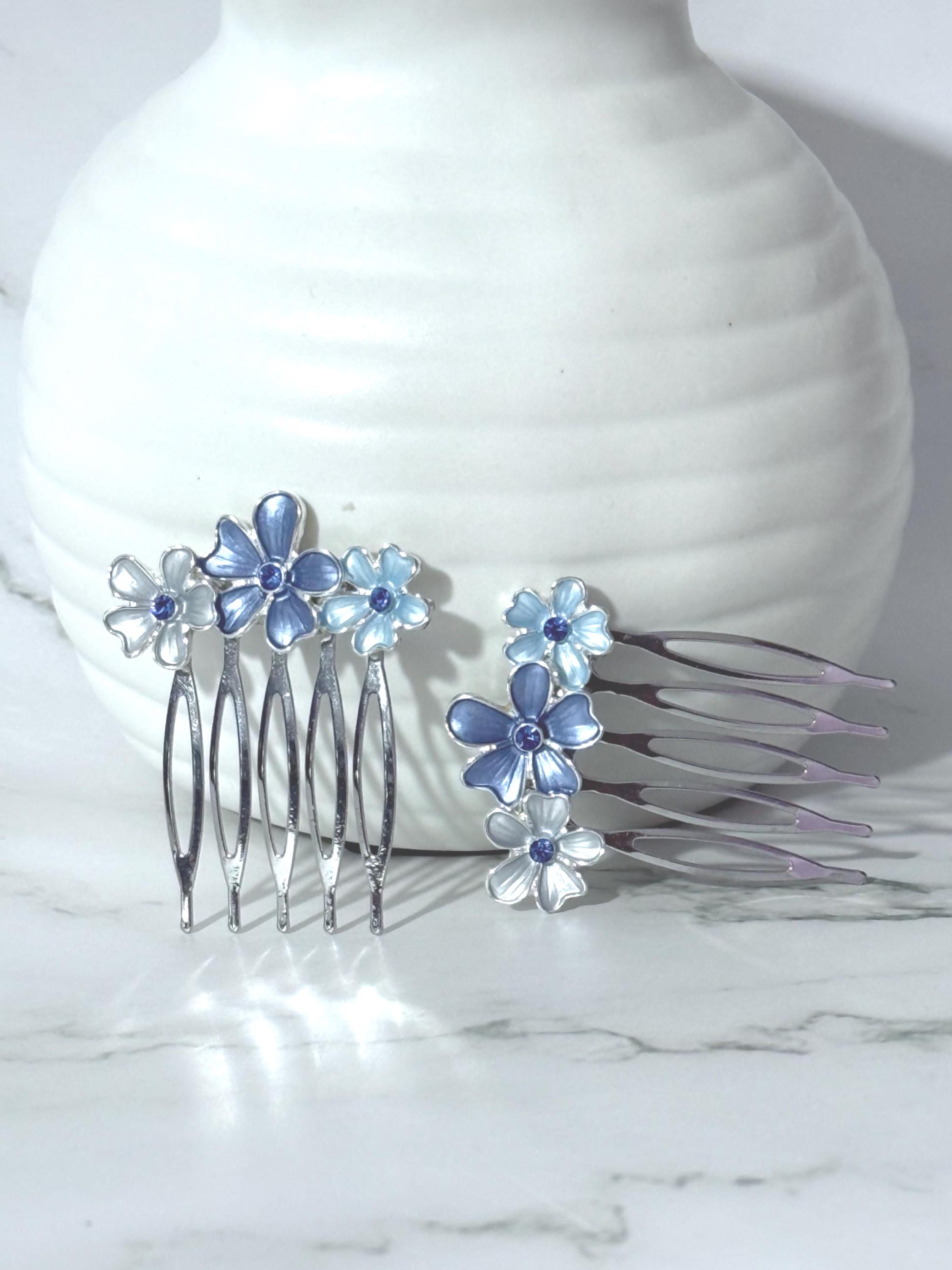 Michael-Michaud Bridal Gold Floral Hair Comb with Pale Blue Enamel Blossoms Hair Accessories – Michael Michaud US main image 2