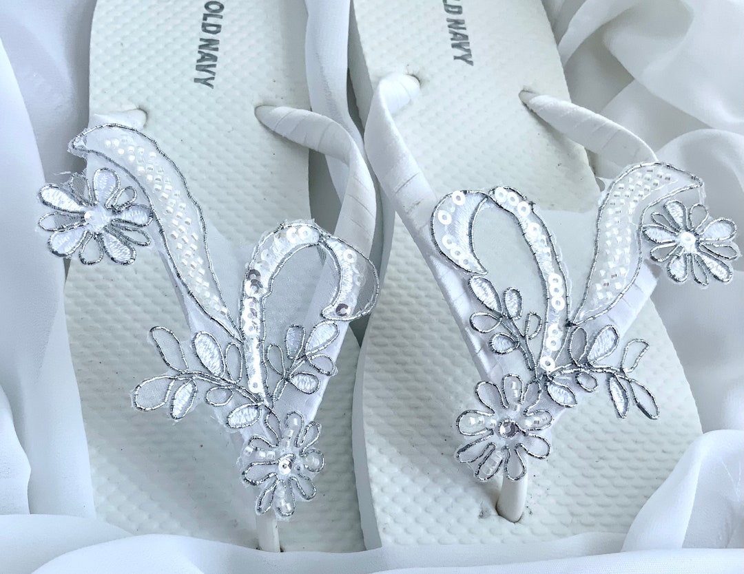 White Lace Flip Flop, Bridal Sandals, Lace Pearl Wedding Sandals, Beach