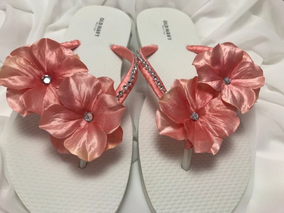 Coral Bridal Rhinestone Flower Flip Flops Rhinestone Bridal Sandals White Flip Flops Wedding Flip Flops Beach Wedding Sandals Etsy Ireland