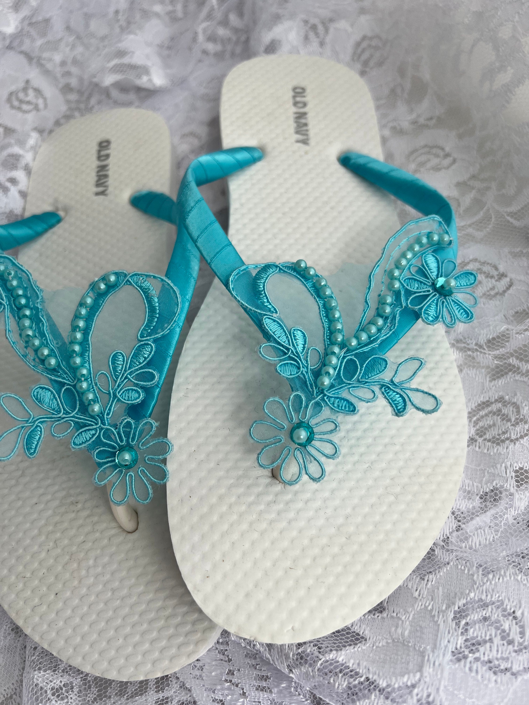 Turquoise Lace Flip Flop Bridal Sandals Lace Pearl Wedding - Etsy