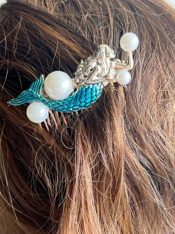 Mermaid Hair Comb, Turquoise Mermaid Hair Piece With Pearls  display picture 2
