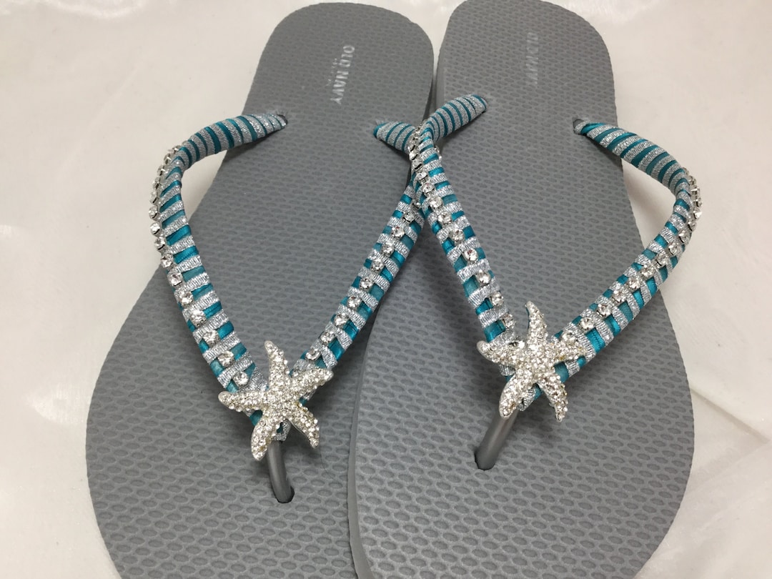 Starfish Silver Bridal Flip Flops, Oasis Blue, Teal Blue Bridal Sandals ...