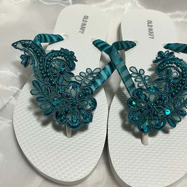 Teal Green Bridal Flip Flop, Beaded Lace Bridal Sandals, Beach Wedding Sandals, Wedding Flip Flops, Wedding Destination Sandals