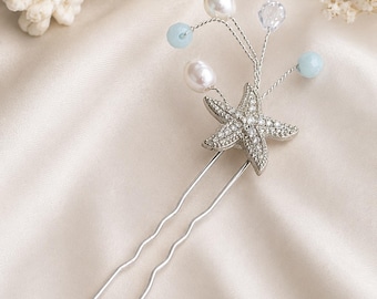 Starfish hair pin bridal vail comb, starfish rhinestones, turquoise starfish, beach theme wedding, nautical theme, under the sea accessory