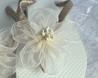 Ivory and Taupe Organza Flower Bridal Flip Flops, Taupe Wedding Sandals, Flip Flop, Bridal Sandals, Ivory Wedding Flip Flops, Bridesmaid