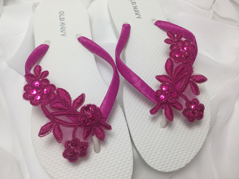 Hot Pink Bridal Flip Flop Beaded Pink Lace Bridesmaid - Etsy