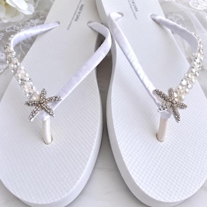 Beach Wedding Bridal Flip Flops, Satin Ribbon Shoes with Pearl Starfish, Rhinestone Detail