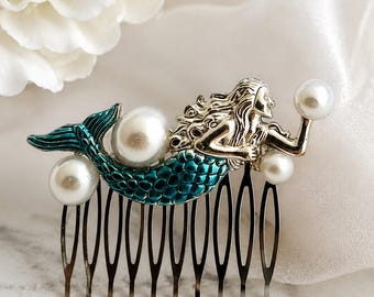 Mermaid Hair Comb, Turquoise Mermaid Hair Piece with Pearls, Bridal Hair Jewelry, Beach Hair Accessories, Bride Pearl Hair Accessory