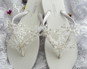 White Beaded Bridal Flip Flops, White Lace with Pearls and Silver Sequins Flip Flops, Bridal White Flip Flops, Wedding Sandals